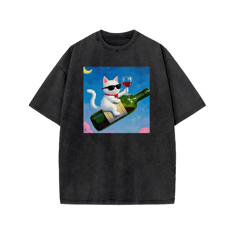 Unisex 100% Cotton Noble And Elegant Cat Print Acid Washed T-shirt - Black - US20-22(3XL) - image 2