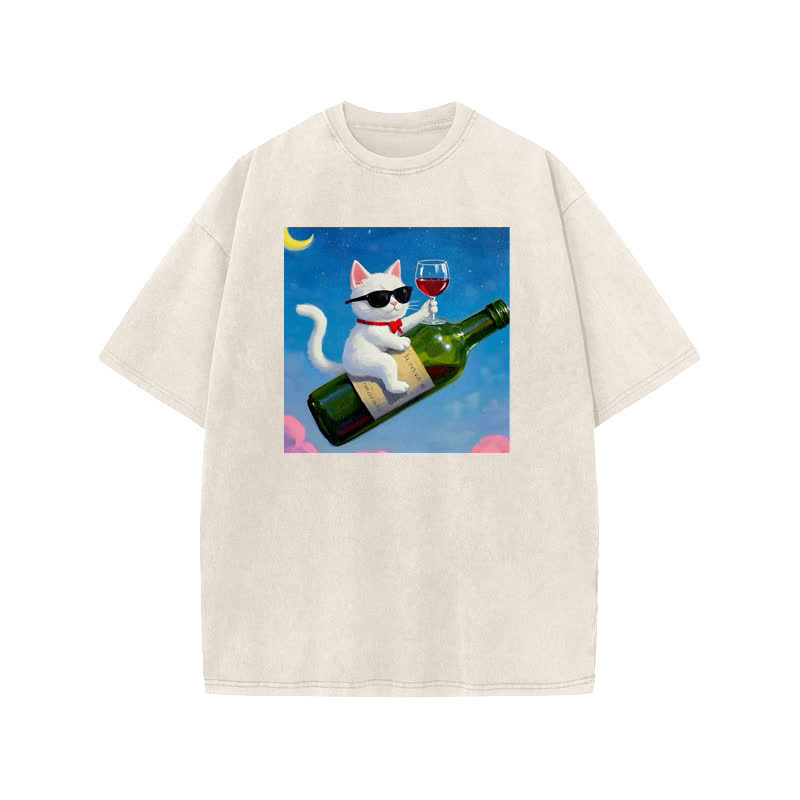 Unisex 100% Cotton Noble And Elegant Cat Print Acid Washed T-shirt - Beige - US20-22(3XL) - image 1