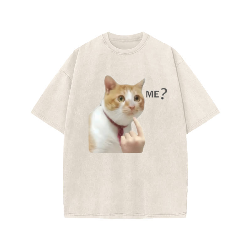 Unisex 100% Cotton Puzzled Cat Print Acid Washed T-shirt - Beige - US20-22(3XL) - image 2