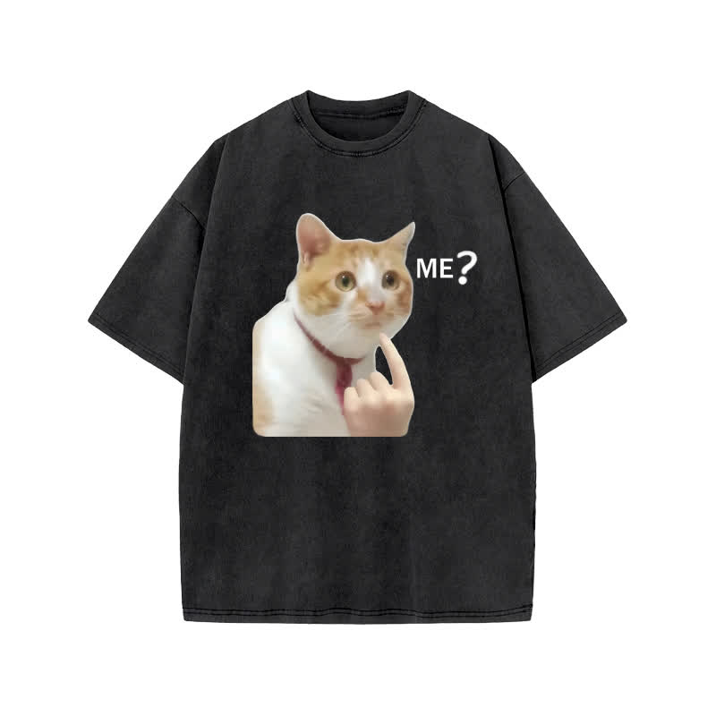 Unisex 100% Cotton Puzzled Cat Print Acid Washed T-shirt - Black - US20-22(3XL) - image 1