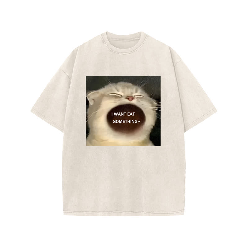 Unisex 100% Cotton Greedy Cat Print Acid Washed T-shirt - Beige - US20-22(3XL) - image 2
