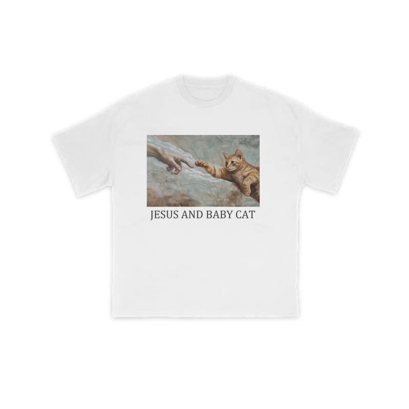 Unisex 100% Cotton Jesus And Baby Cat Print T-shirt - White - US16-18(2XL) - image 2