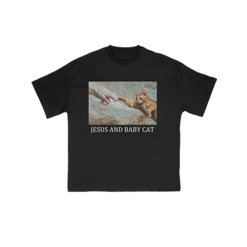 Unisex 100% Cotton Jesus And Baby Cat Print T-shirt - Black - US16-18(2XL) - image 1
