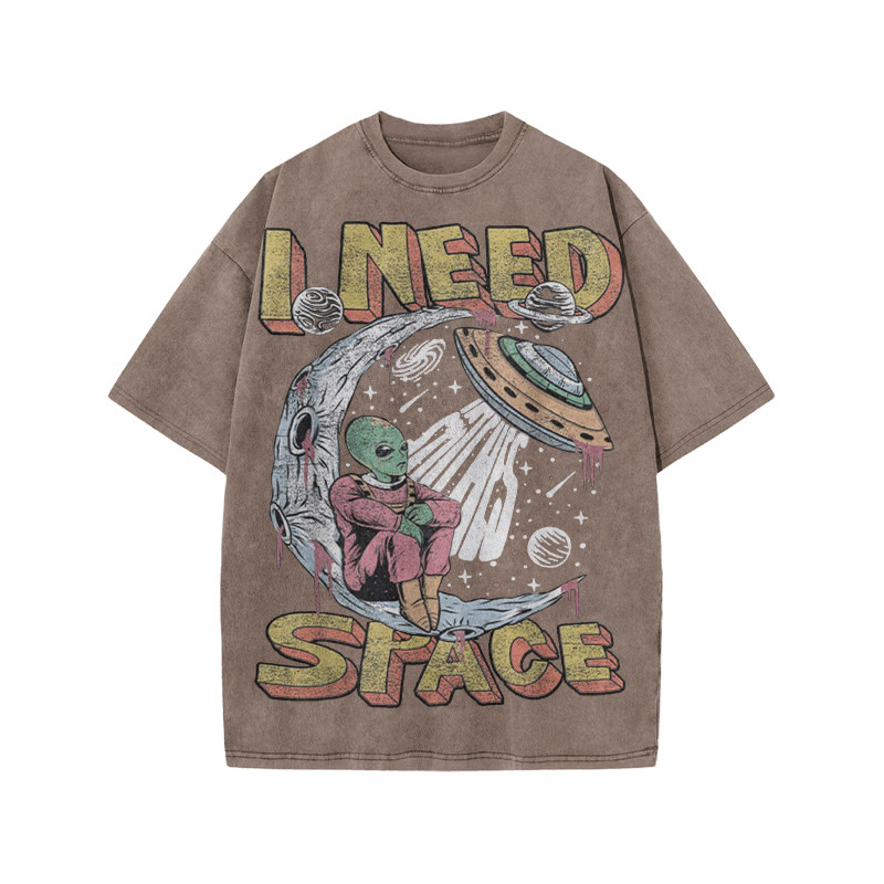Unisex 100% Cotton I Need Space Creative Print Acid Washed T-shirt - Coffee - US20-22(3XL) - image 4