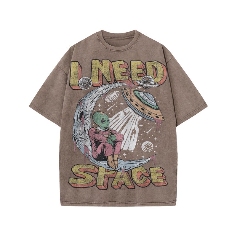 Unisex 100% Cotton I Need Space Creative Print Acid Washed T-shirt - Coffee - US20-22(3XL) - image 4