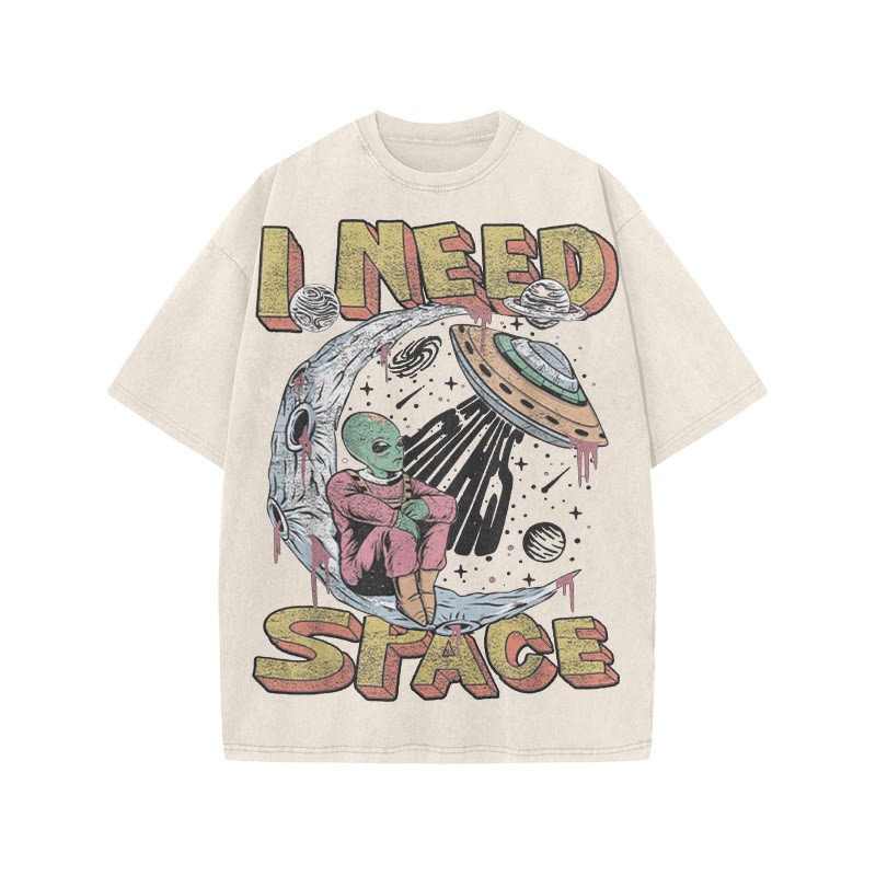 Unisex 100% Cotton I Need Space Creative Print Acid Washed T-shirt - Beige - US20-22(3XL) - image 2