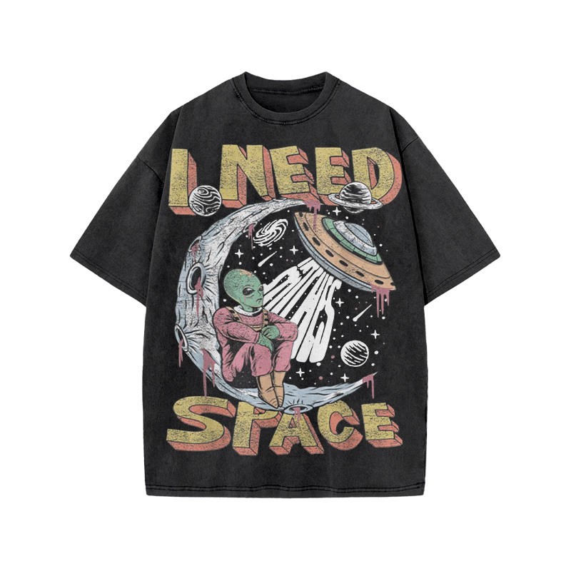 Unisex 100% Cotton I Need Space Creative Print Acid Washed T-shirt - Black - US20-22(3XL) - image 1