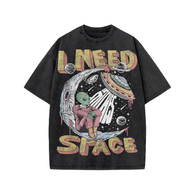 Unisex 100% Cotton I Need Space Creative Print Acid Washed T-shirt - Black - US20-22(3XL) - image 1