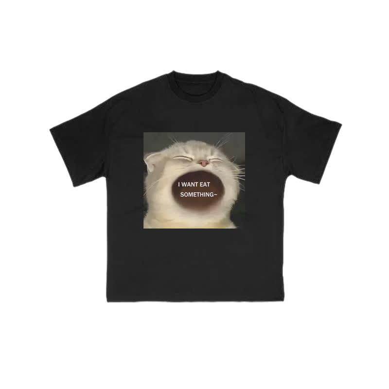 Unisex 100% Cotton Greedy Cat Print T-shirt - Black - US16-18(2XL) - image 1