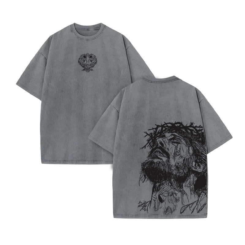 Unisex 100% Cotton Jesus Saves Hand Drawn Print Acid Washed T-shirt - Grey - US20-22(3XL) - image 5