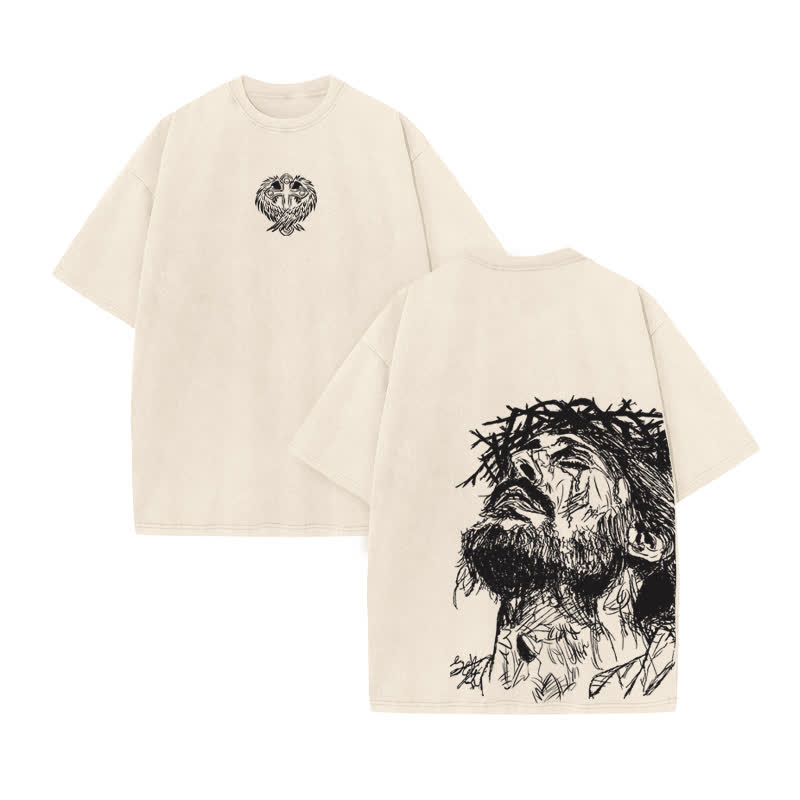 Unisex 100% Cotton Jesus Saves Hand Drawn Print Acid Washed T-shirt - Beige - US20-22(3XL) - image 2