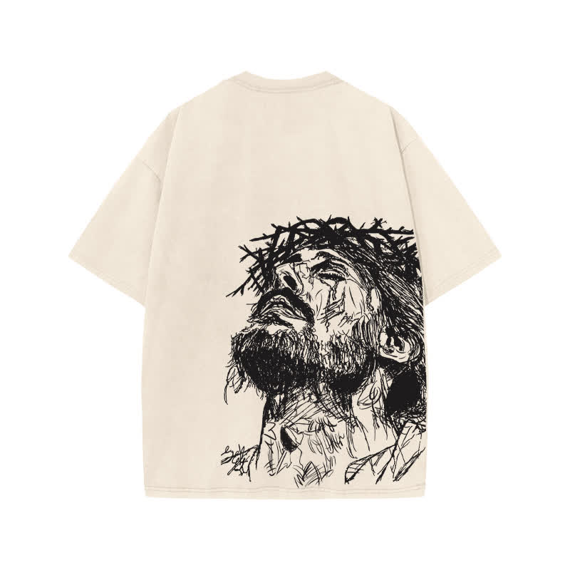Unisex 100% Cotton Jesus Saves Hand Drawn Print Acid Washed T-shirt - image 1