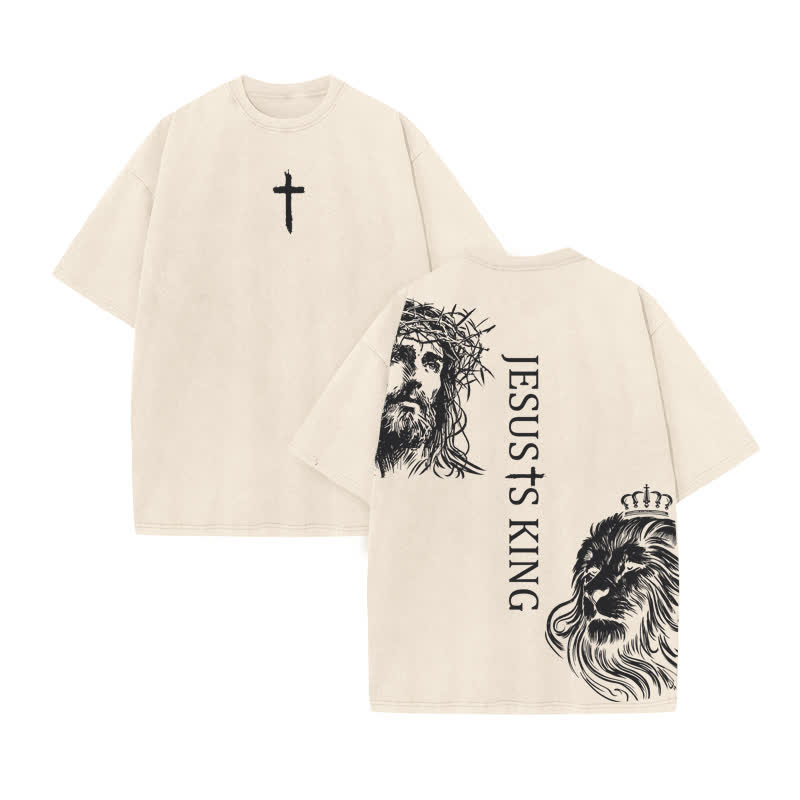 Unisex 100% Cotton Jesus Is King Print Acid Washed T-shirt - Beige - US20-22(3XL) - image 2