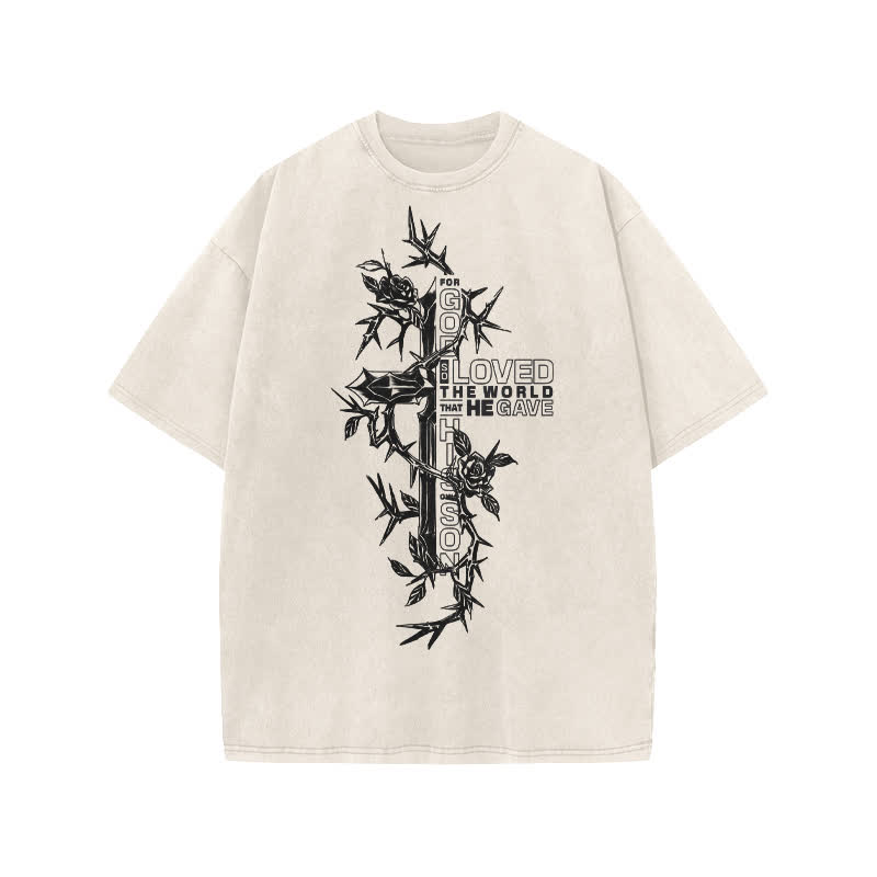 Unisex 100% Cotton Scripture Cross Design Print Acid Washed T-shirt - Beige - US20-22(3XL) - image 1
