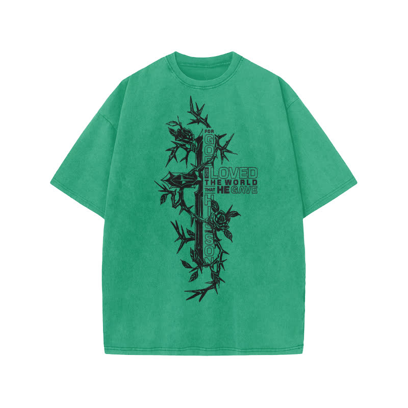 Unisex 100% Cotton Scripture Cross Design Print Acid Washed T-shirt - Green - US20-22(3XL) - image 6