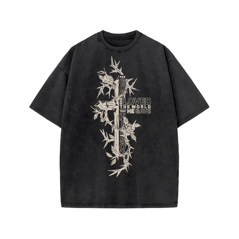 Unisex 100% Cotton Scripture Cross Design Print Acid Washed T-shirt - Black - US20-22(3XL) - image 2