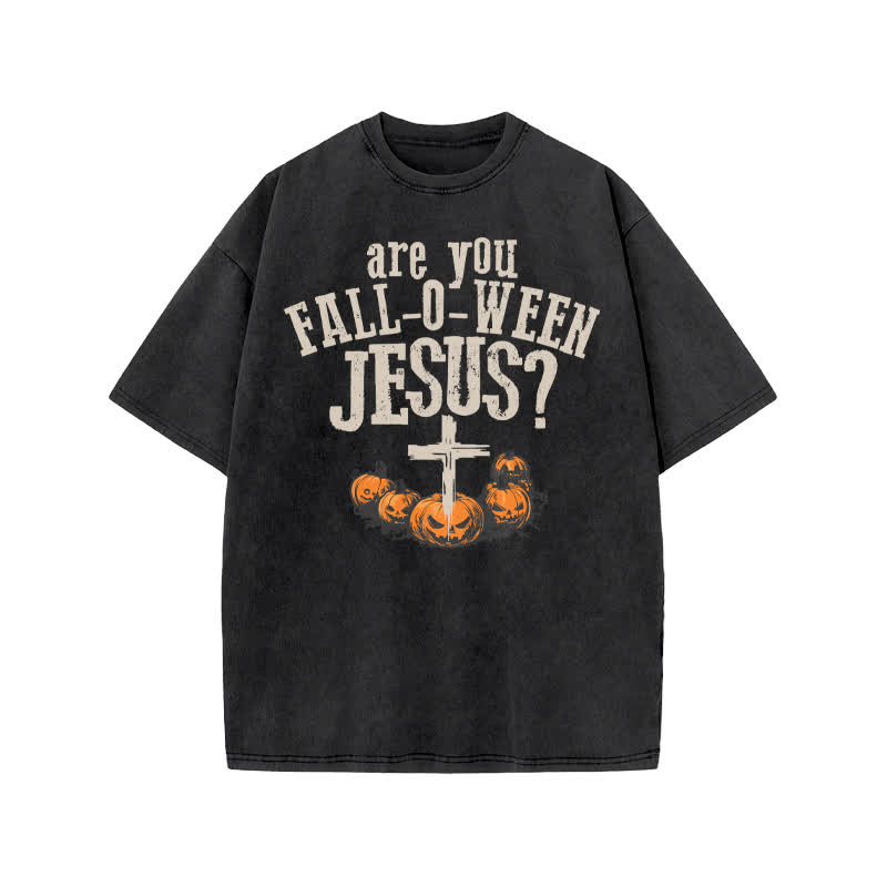 Unisex 100% Cotton Are You Falloween Jesus Print Acid Washed T-shirt - Black - US20-22(3XL) - image 2