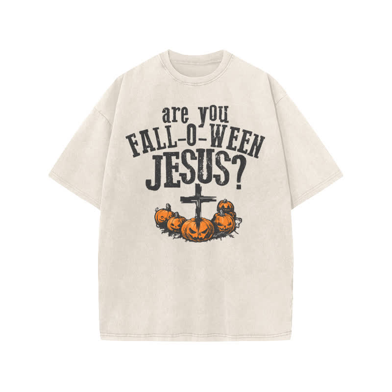 Unisex 100% Cotton Are You Falloween Jesus Print Acid Washed T-shirt - Beige - US20-22(3XL) - image 1