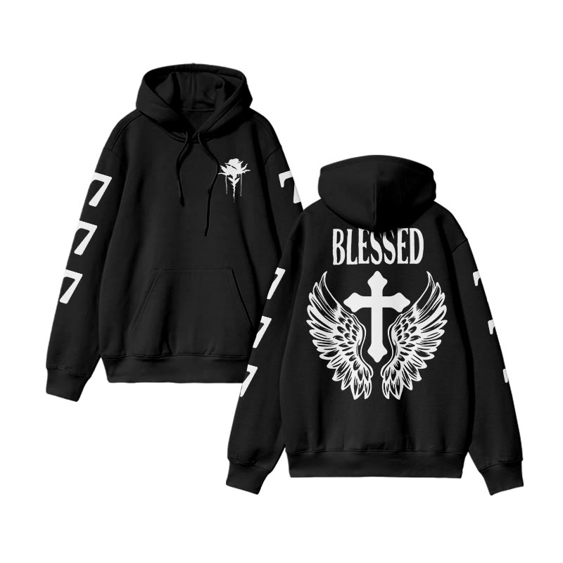 Unisex 100% Cotton Blessed Cross Wings Print Hoodie - Black - US16-18(2XL) - image 2