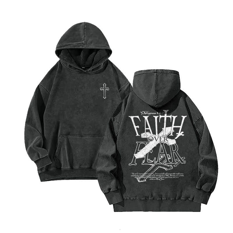 Unisex 100% Cotton Faith Over Fear Printed Washed Hoodie  - Black - 3XL - image 2