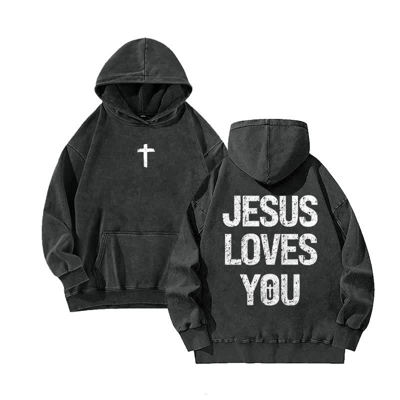 Unisex 100% Cotton Jesus Loves You Printed Washed Hoodie  - Black - 3XL - image 2