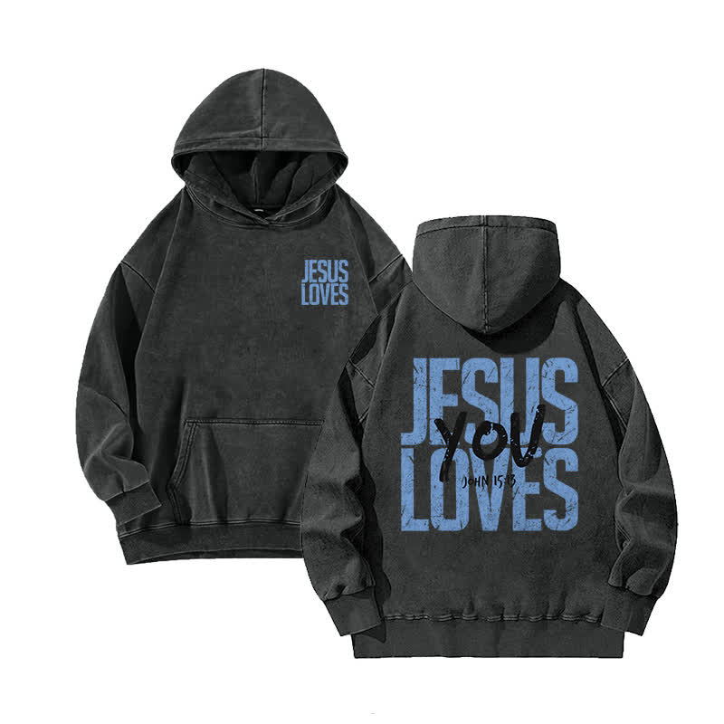 Unisex 100% Cotton Jesus Loves You Printed Washed Hoodie  - Black - 3XL - image 2