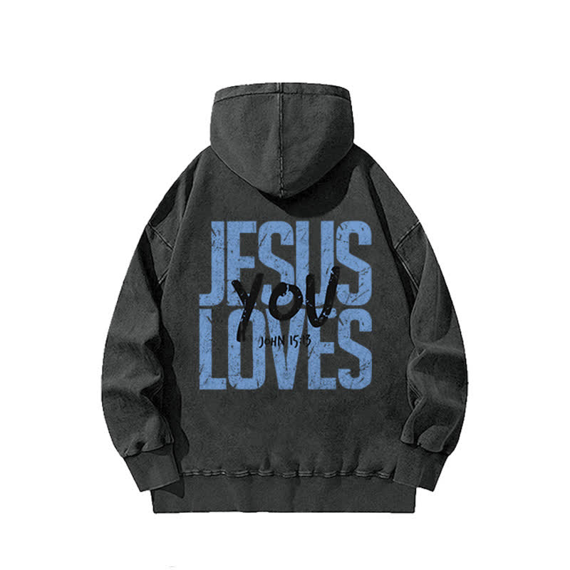 Unisex 100% Cotton Jesus Loves You Printed Washed Hoodie  - image 1