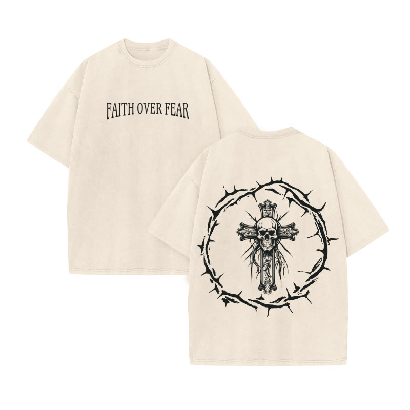 Unisex 100% Cotton Faith Over Fear Print Acid Washed T-shirt - Beige - US20-22(3XL) - image 2