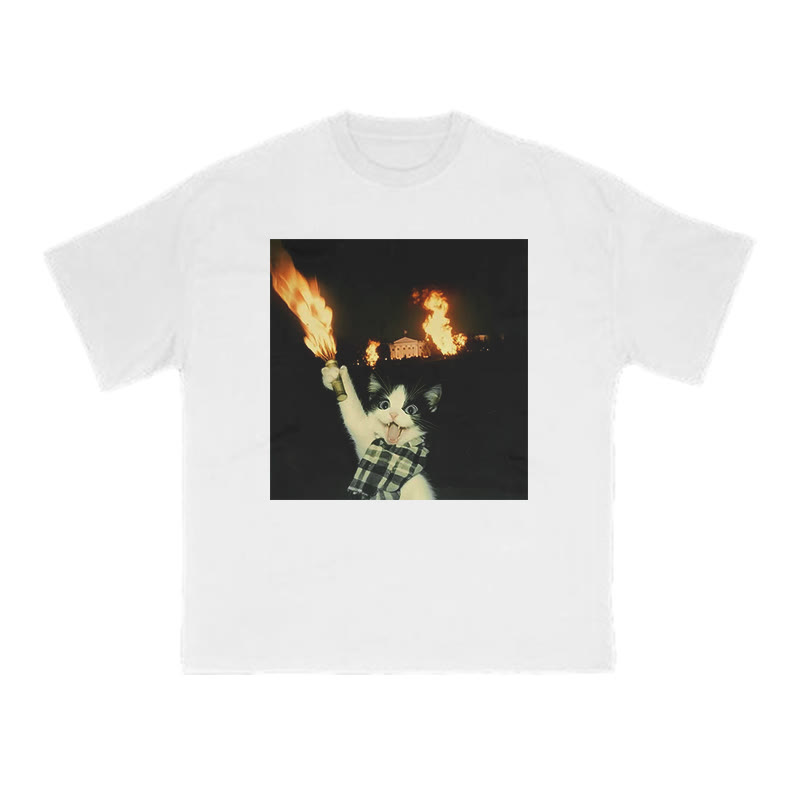 Unisex 100% Cotton Mischievous Cat Print T-shirt - White - US16-18(2XL) - image 2