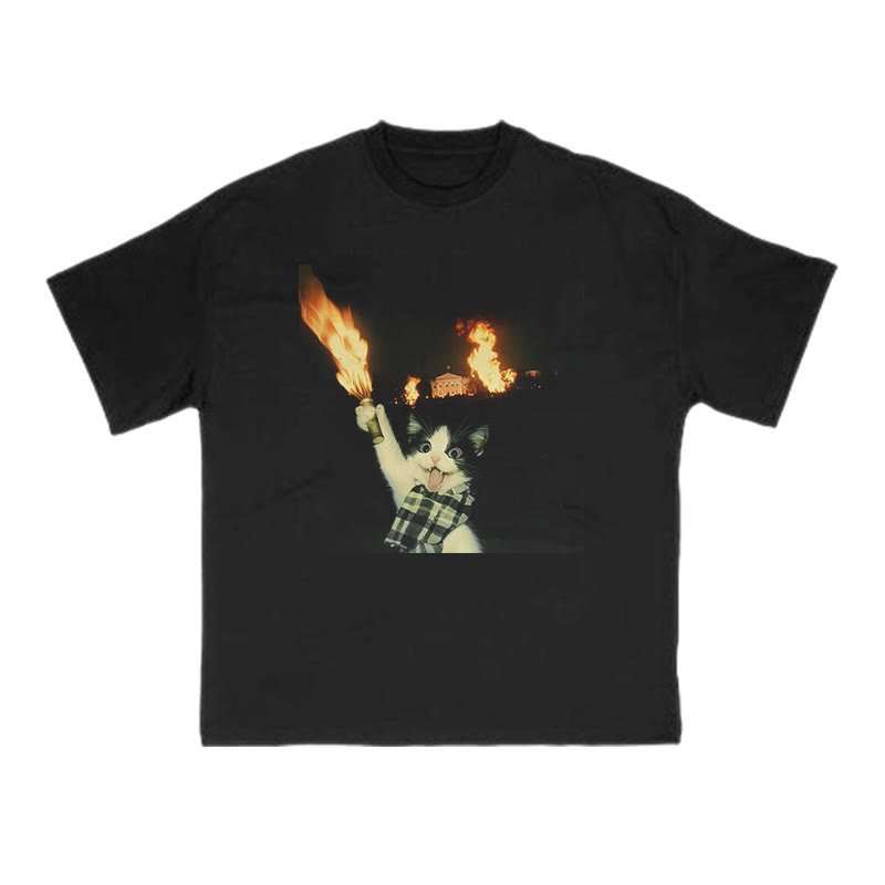 Unisex 100% Cotton Mischievous Cat Print T-shirt - Black - US16-18(2XL) - image 1