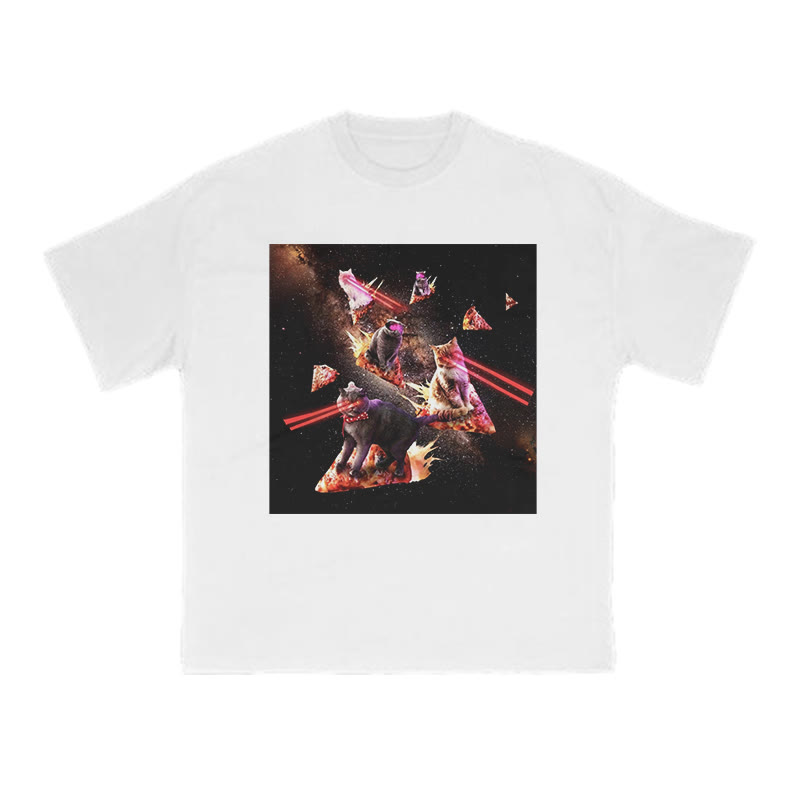 Unisex 100% Cotton Cats Driving Pizza Spaceships Print T-shirt - White - US16-18(2XL) - image 2