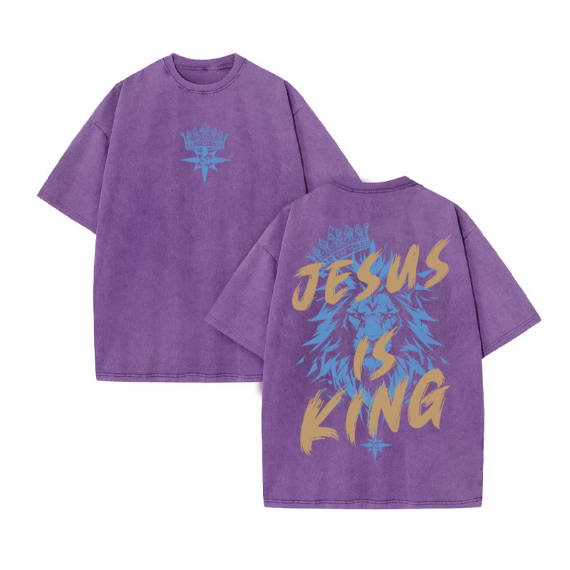 Unisex 100% Cotton JESUS IS KING print Acid Washed T-shirt - Purple - US20-22(3XL) - image 2