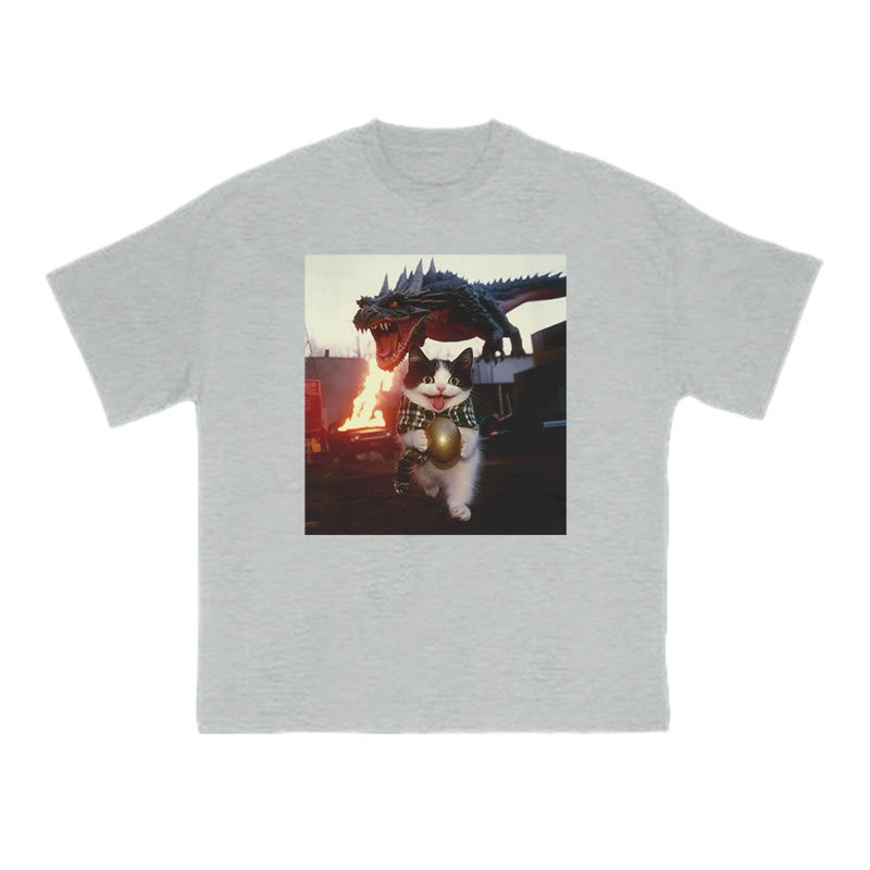 Unisex 100% Cotton Cat Stealing Dinosaur Egg Print T-shirt - Grey - US16-18(2XL) - image 3