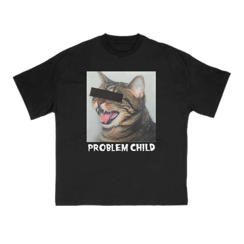 Unisex 100% Cotton Problem Child Cat Print T-shirt - Black - US16-18(2XL) - image 1