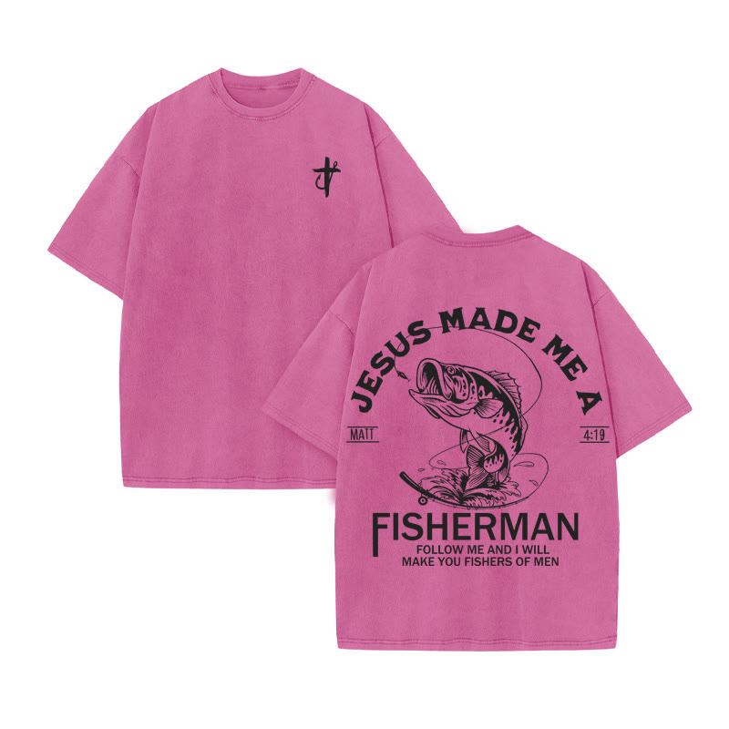 Unisex 100% Cotton Jesus Made Me A Fisherman  Print Acid Washed T-shirt - Pink - US20-22(3XL) - image 2