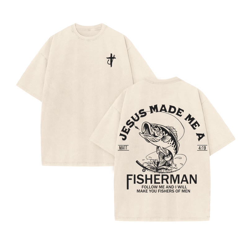 Unisex 100% Cotton Jesus Made Me A Fisherman  Print Acid Washed T-shirt - Beige - US20-22(3XL) - image 6