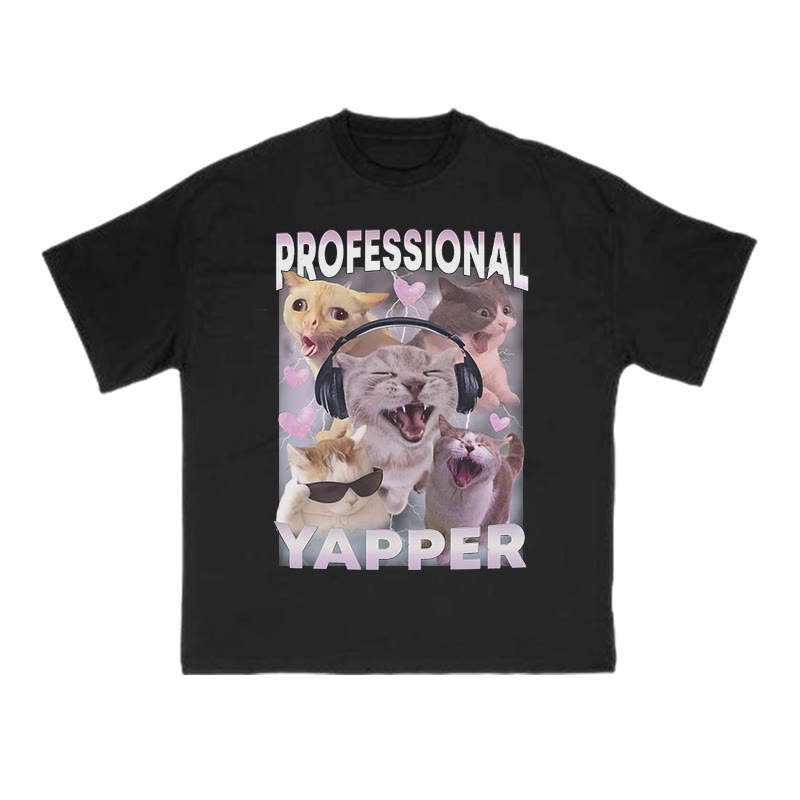 Unisex 100% Cotton Professional Yapper Cat Print T-shirt - Black - US16-18(2XL) - image 1