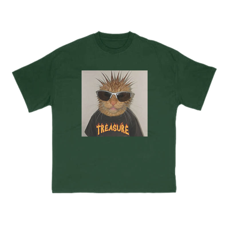 Unisex 100% Cotton Punk Cat Creative Print T-shirt - Dark Green - US16-18(2XL) - image 10