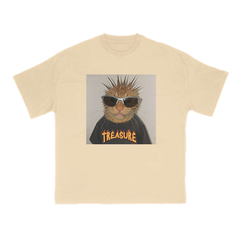 Unisex 100% Cotton Punk Cat Creative Print T-shirt - Apricot - US16-18(2XL) - image 6