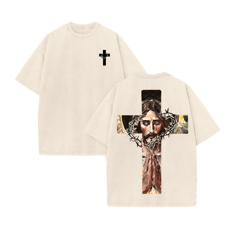 Unisex 100% Cotton Jesus On The Cross Oil Painting Print Acid Washed T-shirt - Beige - US20-22(3XL) - image 2