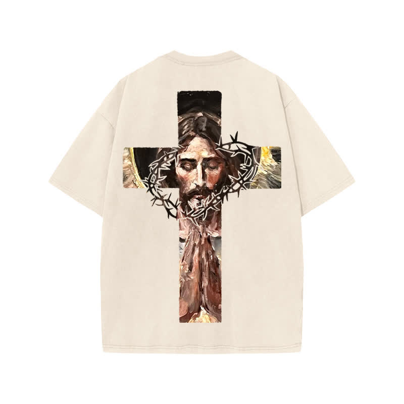 Unisex 100% Cotton Jesus On The Cross Oil Painting Print Acid Washed T-shirt - image 1