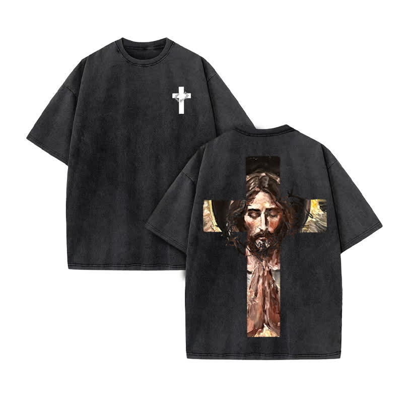 Unisex 100% Cotton Jesus On The Cross Oil Painting Print Acid Washed T-shirt - Black - US20-22(3XL) - image 3