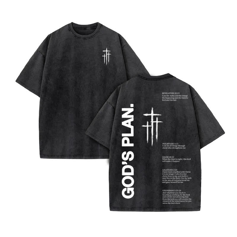 Unisex 100% Cotton God Plan Print Acid Washed T-shirt - Black - US20-22(3XL) - image 2