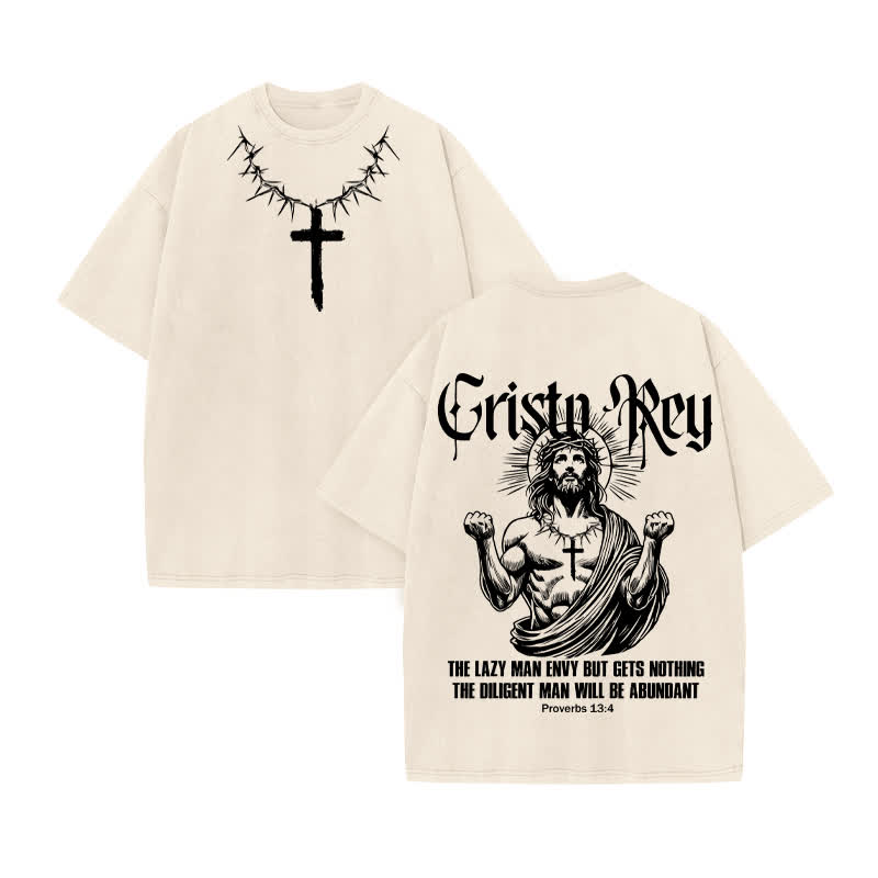 Unisex 100% Cotton Proverbs 13:4 Print Acid Washed T-shirt - Beige - US20-22(3XL) - image 2