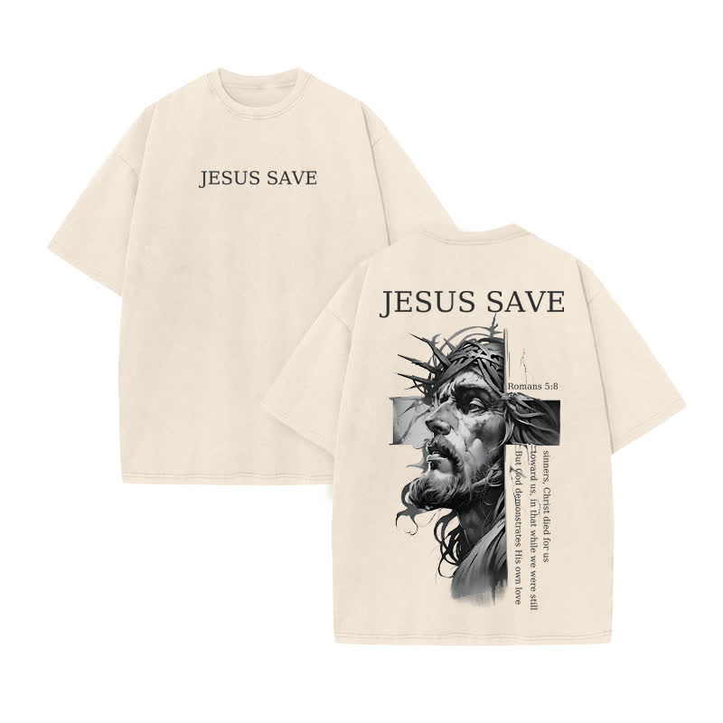 Unisex 100% Cotton Jesus Save Print Acid Washed T-shirt - Beige - US20-22(3XL) - image 2
