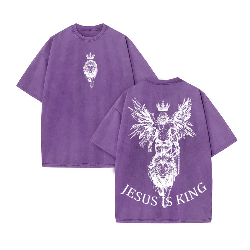 Unisex 100% Cotton JESUS IS KING Print Acid Washed T-shirt - Purple - US20-22(3XL) - image 9