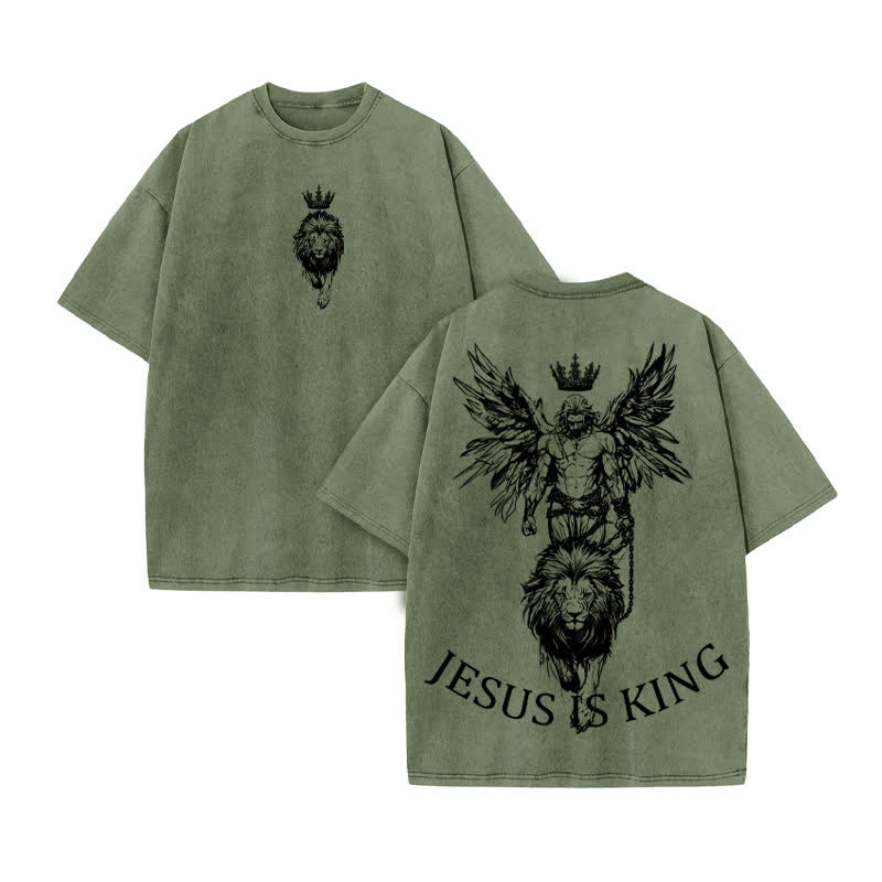 Unisex 100% Cotton JESUS IS KING Print Acid Washed T-shirt - Army Green - US20-22(3XL) - image 6