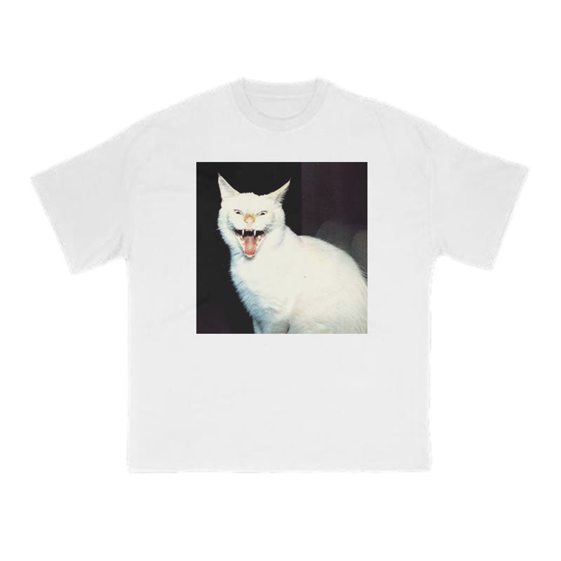 Unisex 100% Cotton Fierce Cat Print T-shirt - White - US16-18(2XL) - image 2