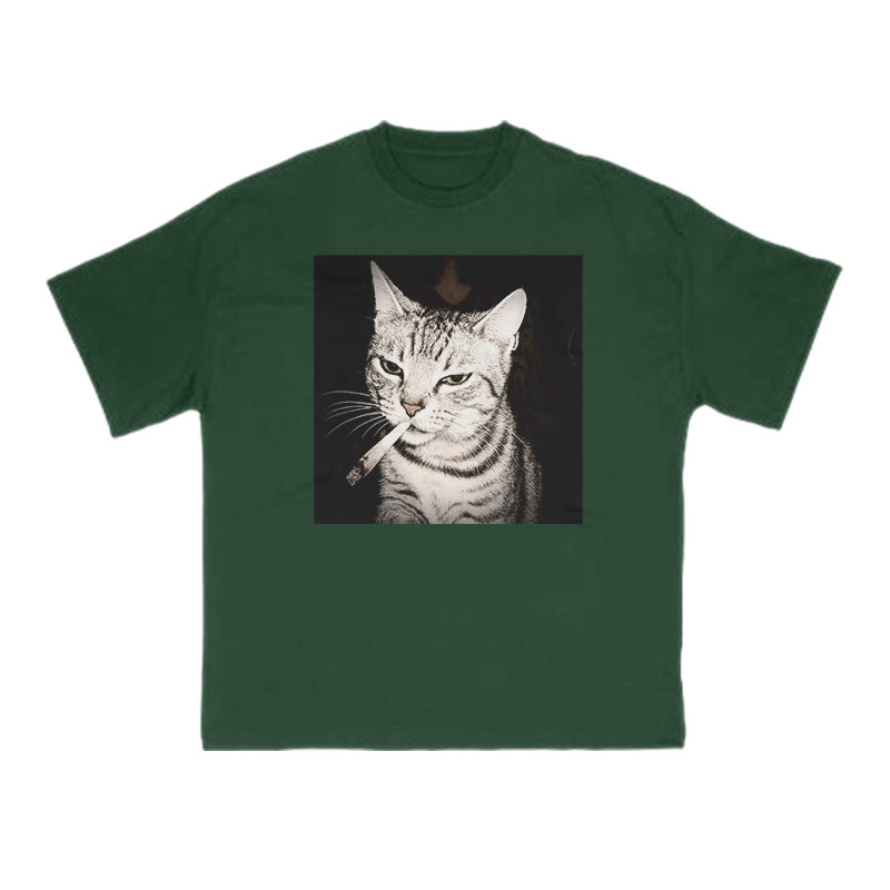 Unisex 100% Cotton Smoking Tabby Cat Print T-shirt - Dark Green - US16-18(2XL) - image 7