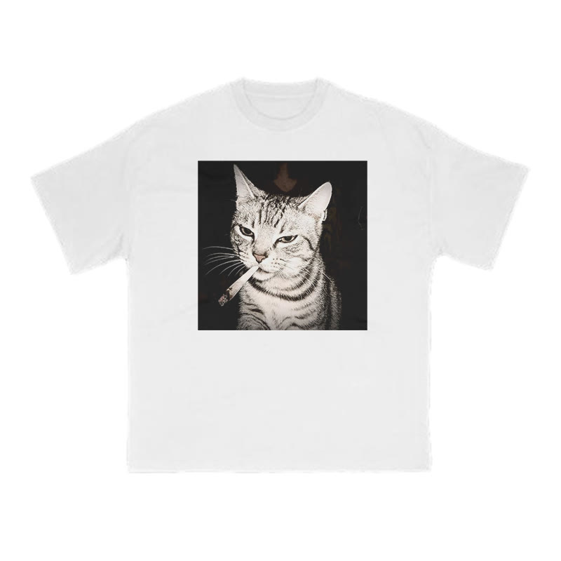Unisex 100% Cotton Smoking Tabby Cat Print T-shirt - White - US16-18(2XL) - image 2